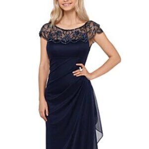 Size 8 Petite - Xscape Navy Beaded Neck long evening dress